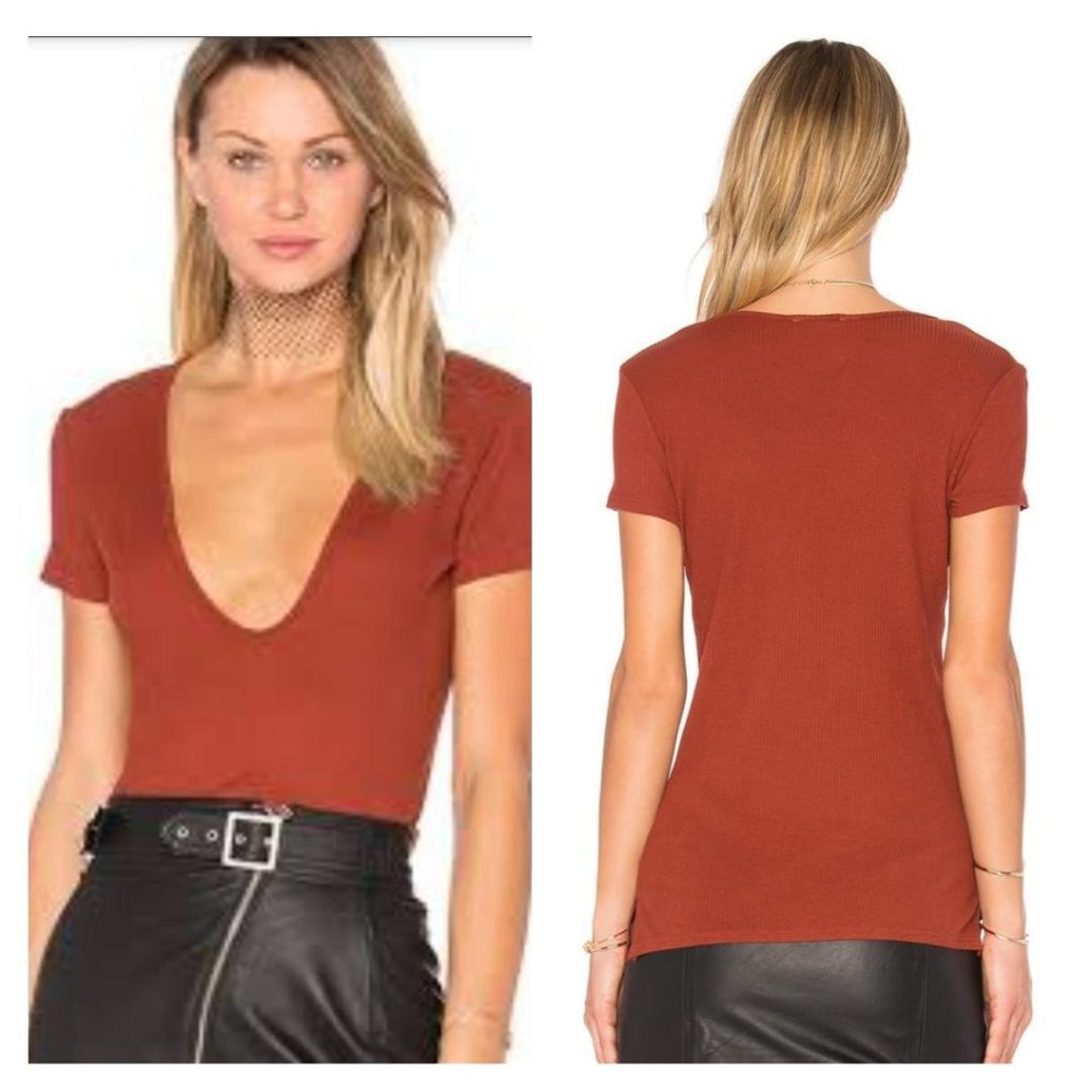 Lacausa Women Black 100% Cotton Plunge Fitted Ribbed Shortsleeve Top L